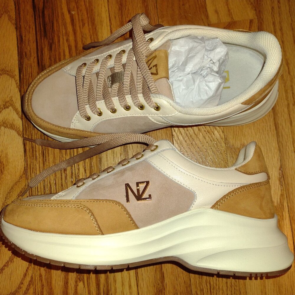 New in box tan, cream and gold NZ sneakers with extra inserts, size 7.